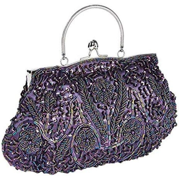 BEADED Sequin Flower Clutch Bag Purple - Picture 2 of 7